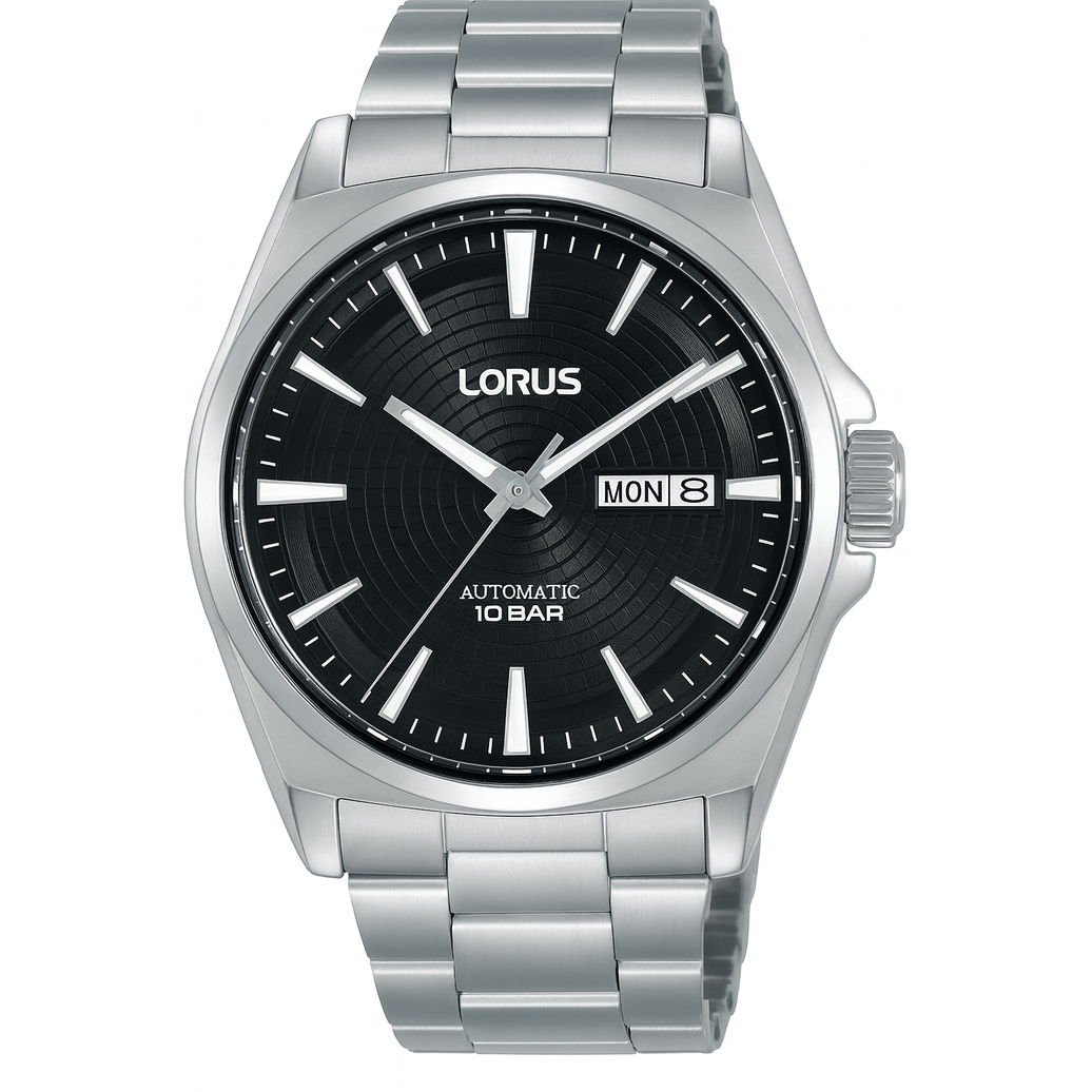 Silver Lorus watch with black dial on a white background