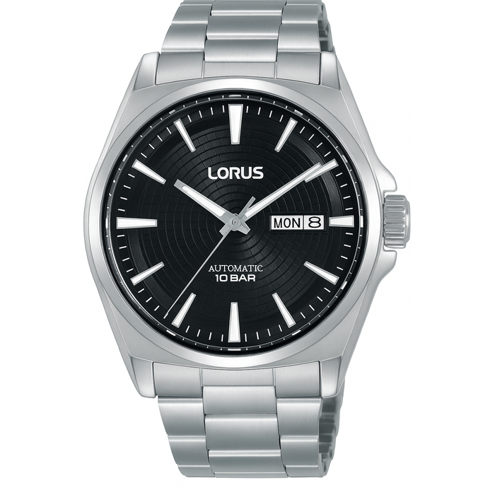 Silver Lorus watch with black dial on a white background