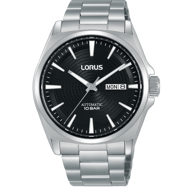 Silver Lorus watch with black dial on a white background