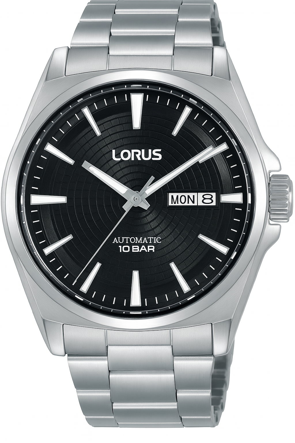 Silver Lorus watch with black dial on a white background