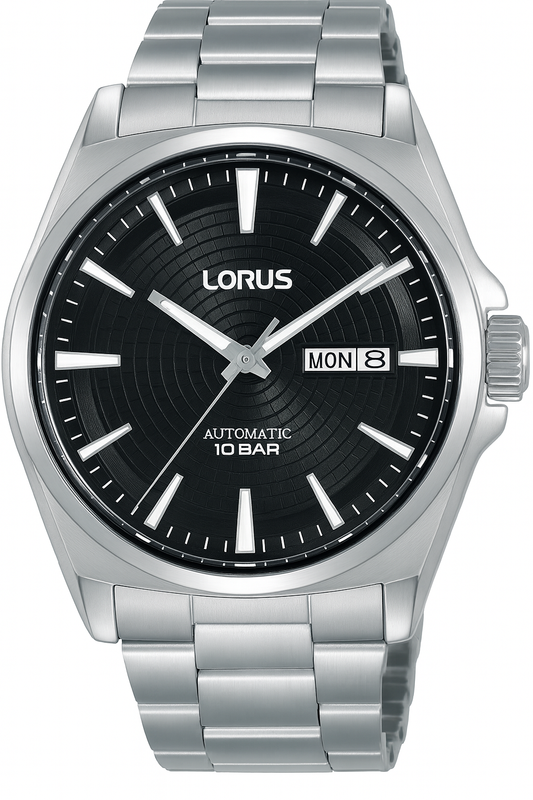 Silver Lorus watch with black dial on a white background