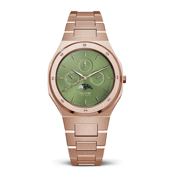 LUNAR CALENDAR QUARTZ ROSE GOLD METAL GREEN DIAL