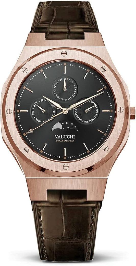 LUNAR CALENDAR QUARTZ ROSE GOLD LEATHER BLACK DIAL