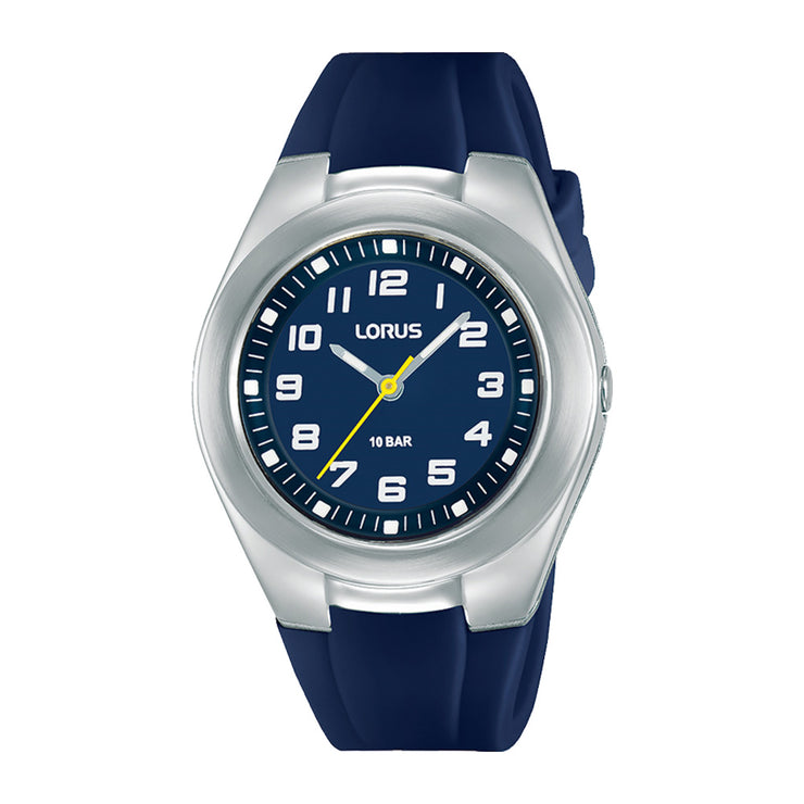 A blue LORUS kids' watch with a silicone band and a analog display showing time and date.