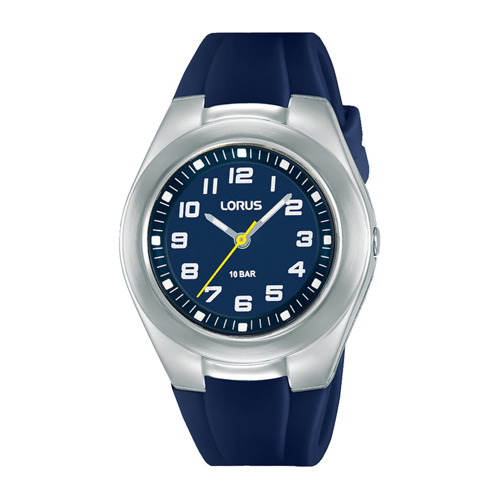 A blue LORUS kids' watch with a silicone band and a analog display showing time and date.