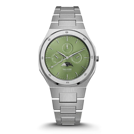 LUNAR CALENDAR QUARTZ SILVER GREEN DIAL