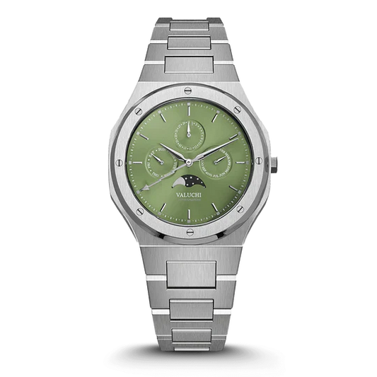 LUNAR CALENDAR QUARTZ SILVER GREEN DIAL